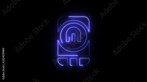 Glowing blue neon sign with a stylized letter on a black background