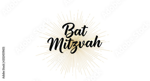 Elegant bat mitzvah celebration text in black script font surrounded by a delicate golden sunburst against a white background.