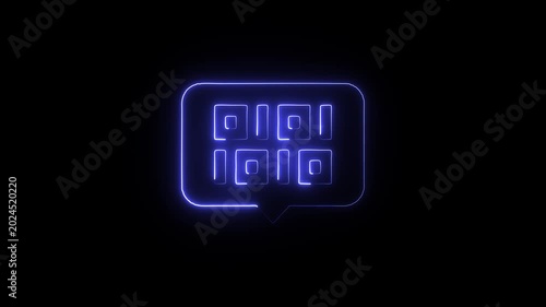 Neon blue glowing qr code in a speech bubble on black background