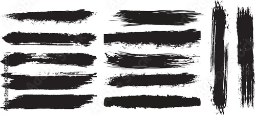 Set of vector paint brush stroke, ink splatter and artistic design elements. Hand drawn brush stroke textures set. Grunge banner background. Black hand drawn stripes, smears, rough grunge thick paint