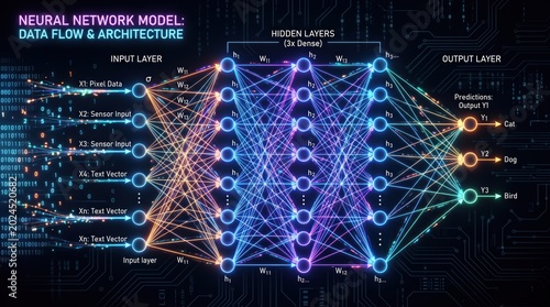 Neural network architecture diagram illustrating deep learning data flow with glowing nodes and interconnected layers on a dark digital background for advanced artificial
