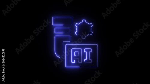 Neon blue ai symbol with gear and lines on black background