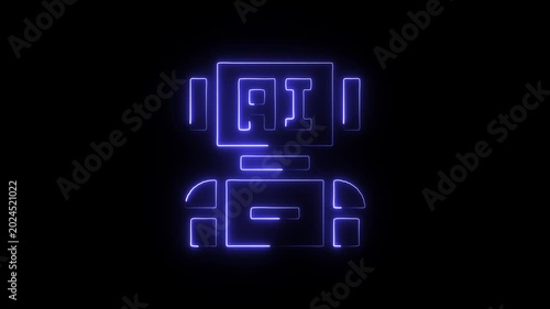 Glowing blue neon robot head with ai on screen isolated on black background