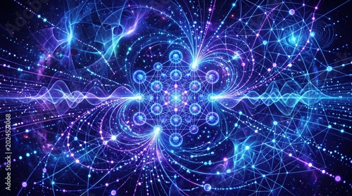 Quantum computing data network concept featuring a glowing geometric sacred geometry structure surrounded by intricate neon blue and purple light waves and interconnected digital