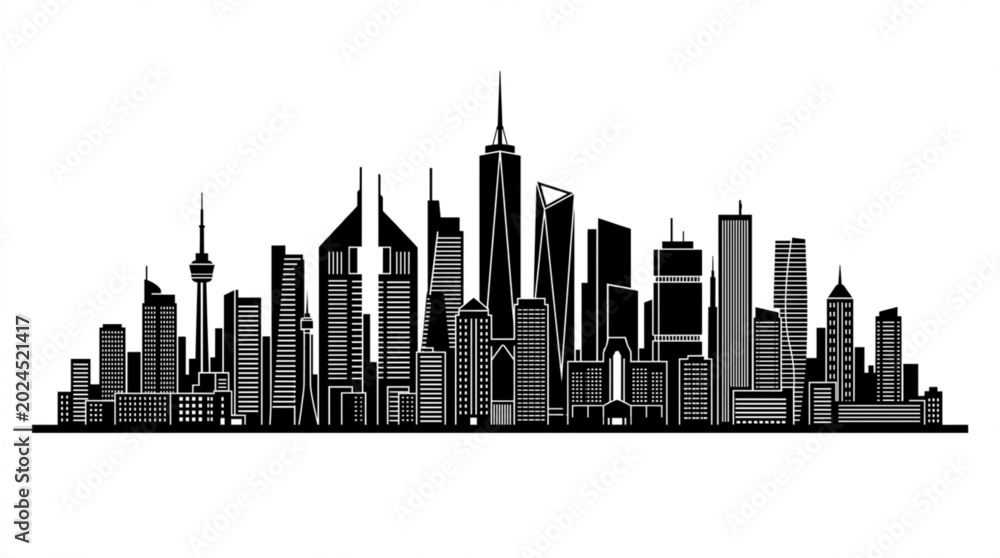 Fototapeta premium New York City Skyline Black Silhouette Vector Illustration with Urban Skyscrapers and Downtown Cityscape