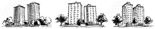 Foto Residential tower blocks and urban apartment buildings in hand drawn sketch styl