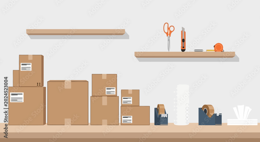 Fototapeta premium Cardboard Boxes and Shipping Supplies on a Shelf - Ready for Delivery