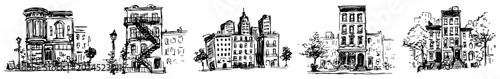 Konstfotografi Classic city buildings and urban brownstones set in hand drawn sketch style