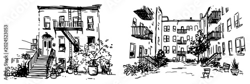 Quadro su tela Residential apartment building and quiet inner courtyard in hand drawn sketch st