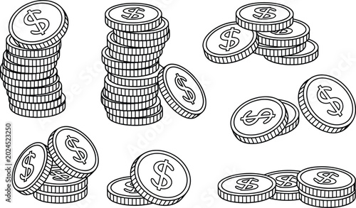 Fotografija Detailed black and white line art illustration of dollar coin stacks under flat lighting representing wealth and success