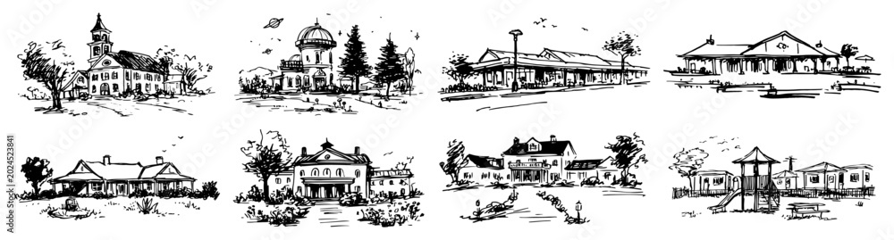 Naklejka premium Small town landmarks and community buildings in hand drawn sketch style