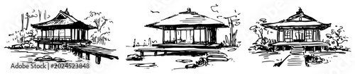 Traditional Japanese tea houses and oriental pavilion architecture in hand drawn sketch style