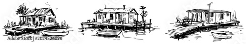 Foto Houseboat sketches and water cottages on wooden stilts in hand drawn ink style