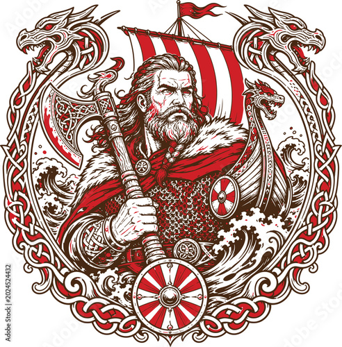 Viking Warrior Axe Longship Dragon illustration