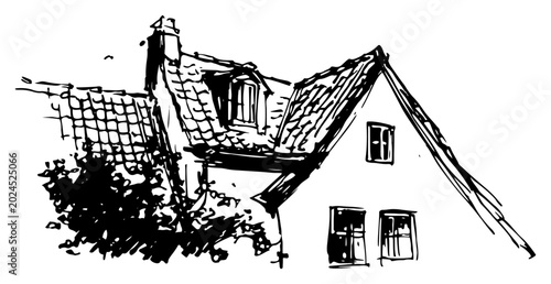 Cuadro en lienzo Traditional house roof with dormer window hand drawn sketch style