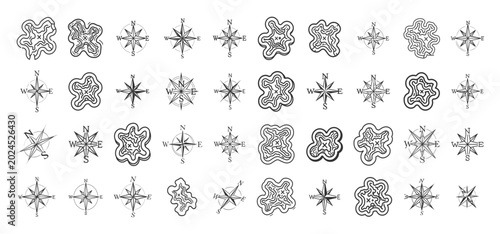 Tableau sur toile Minimalist nautical compass rose icons and tropical island silhouettes for treas