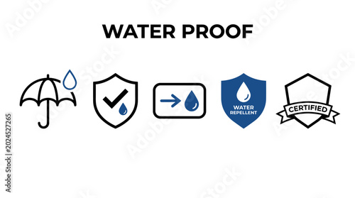 Canvastavla Simple waterproof icons outline blue shield umbrella drops certified emblem for tags