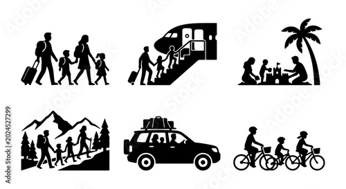 Bild auf Leinwand Family Travel Icons: Vacation, Adventure, Holiday, Journey, Trip, Getaway, Getaw