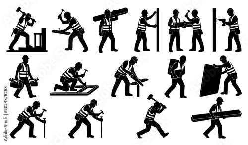 Photos Construction worker silhouette vector set with hammer action poses safety gear a