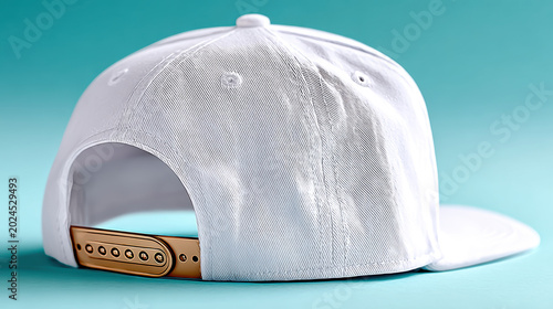 Rear detail of a white snapback cap with adjustable plastic strap and stitching for apparel mockup and product display background