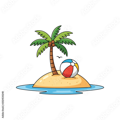 Konstfotografi Tropical island with palm tree and beach ball cartoon illustration isolated on w