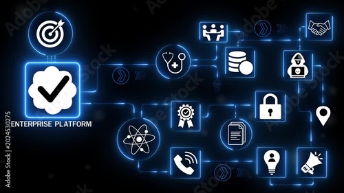 Enterprise platform technology icons network with data server cloud icon illustrating business infrastructure management and system integration interface.