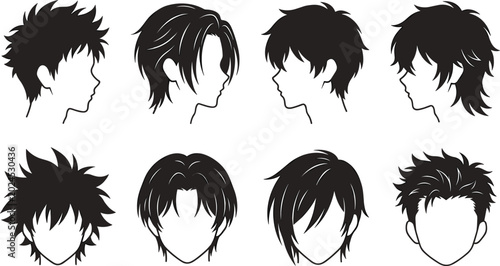 Cuadro en lienzo Collection of male anime hair styles vector silhouettes featuring various trendy manga character haircuts isolated on white background for design projects
