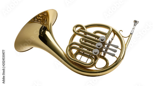 Fotografie Isolated French horn, a classic orchestral brass wind instrument with shining go