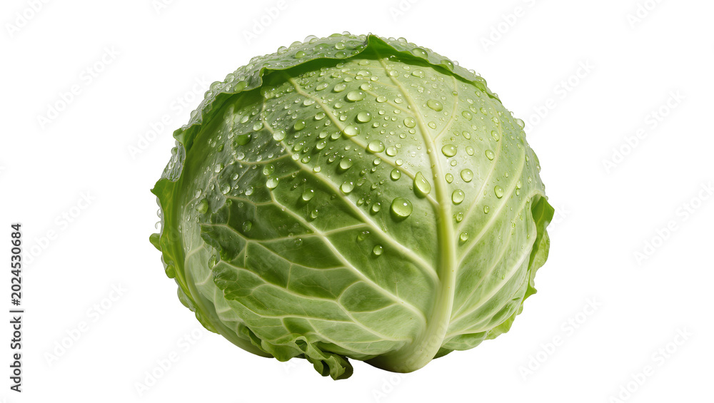 Fototapeta premium Isolated fresh green cabbage head with water droplets, raw and organic vegetable food ingredient