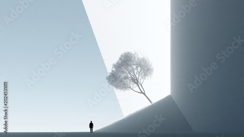 Fotografie Minimalist landscape with lone figure, abstract architecture, soft lighting, and