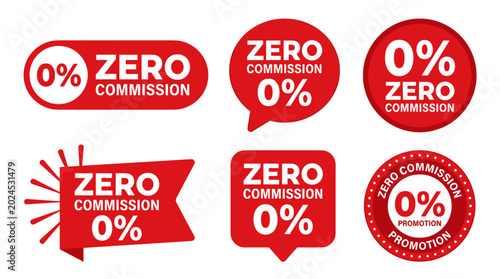 Foto Zero commission promotion badges and labels with 0 percent symbol red color