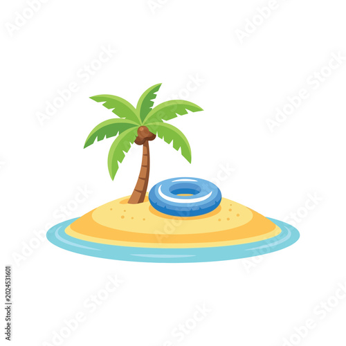 Fotografie Tropical island with palm tree and blue swim ring 3d illustration isolated on wh