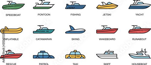 Fotografía Set of colorful boat icons featuring speedboat yacht pontoon catamaran and vario
