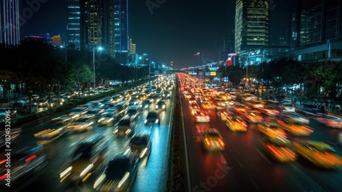 Evening commute traffic jam illuminated cityscape long exposure shot