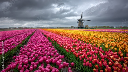 Colorful tulip field with windmill under dramatic sky landscape view