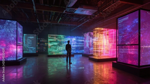 Person standing before glowing digital displays in a dark room