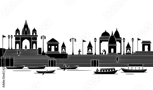 Foto Varanasi ghats riverfront silhouette vector scene with temple arches changing ro