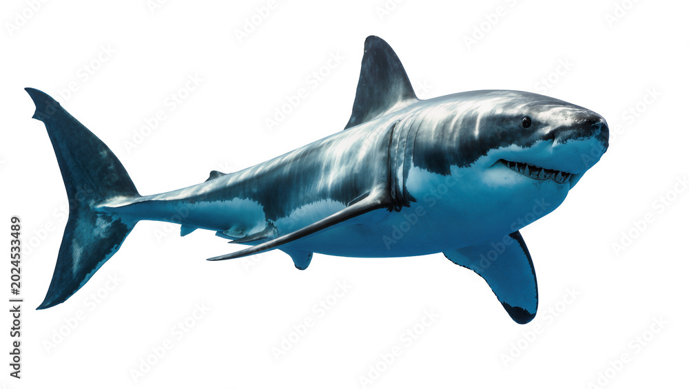 Obraz premium Isolated great white shark, a powerful and fearsome marine predator, swimming in profile.