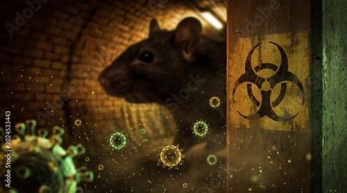 Hantaviruse close-up of a rat's head emerging from a dark tunnel, with infectious virus particles hantaviruse