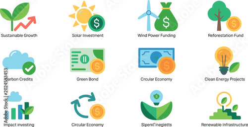 Foto Set of sustainable green energy and environmental finance icons featuring solar