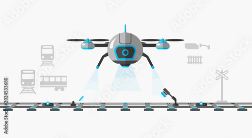Drone inspects railway tracks, modern technology for train maintenance and infrastructure.