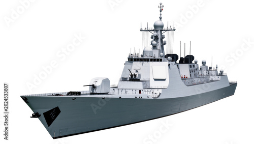 Isolated modern grey warship, advanced naval destroyer or frigate with complex radar systems