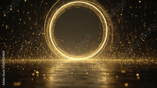 Abstract golden ring with glittering particles on dark reflective surface