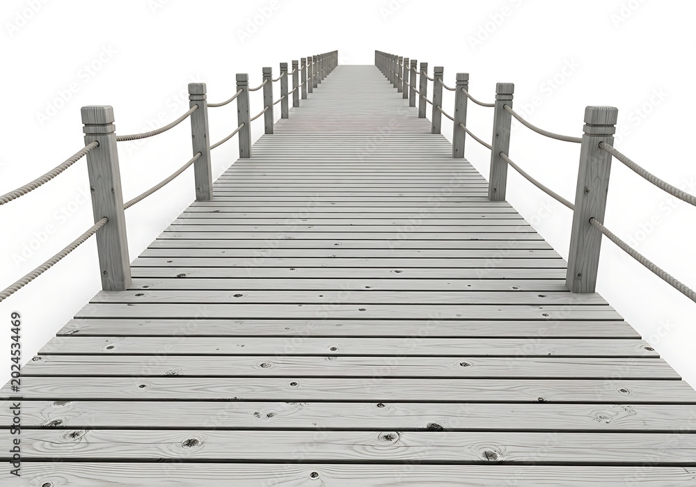 Obraz premium Long wooden pier extending into the distant horizon with guardrails isolated on white background