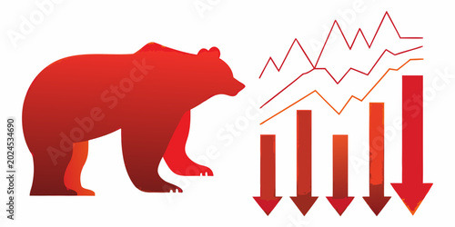 Tableau sur toile Bear silhouette with declining stock chart and downward arrows