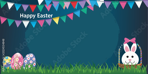 Photos happy easter banner with bunny eggs and colorful flags