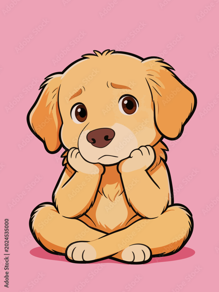 Fototapeta premium Sad Cartoon Golden Retriever Puppy Sitting in Thoughtful Pose