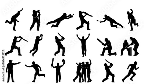 Fotografia Professional cricket player silhouette set featuring batting fielding bowling an