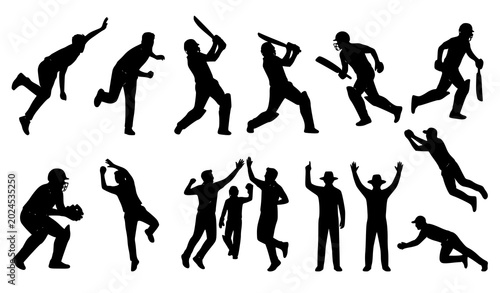 Bilde på lerret Dynamic cricket athlete silhouettes with batting bowling catching and sports act