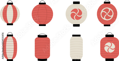 Traditional Japanese Paper Lantern Icon Set Featuring Chochin Designs With Floral Patterns And Stripes For Festival Decorations Oriental Celebration